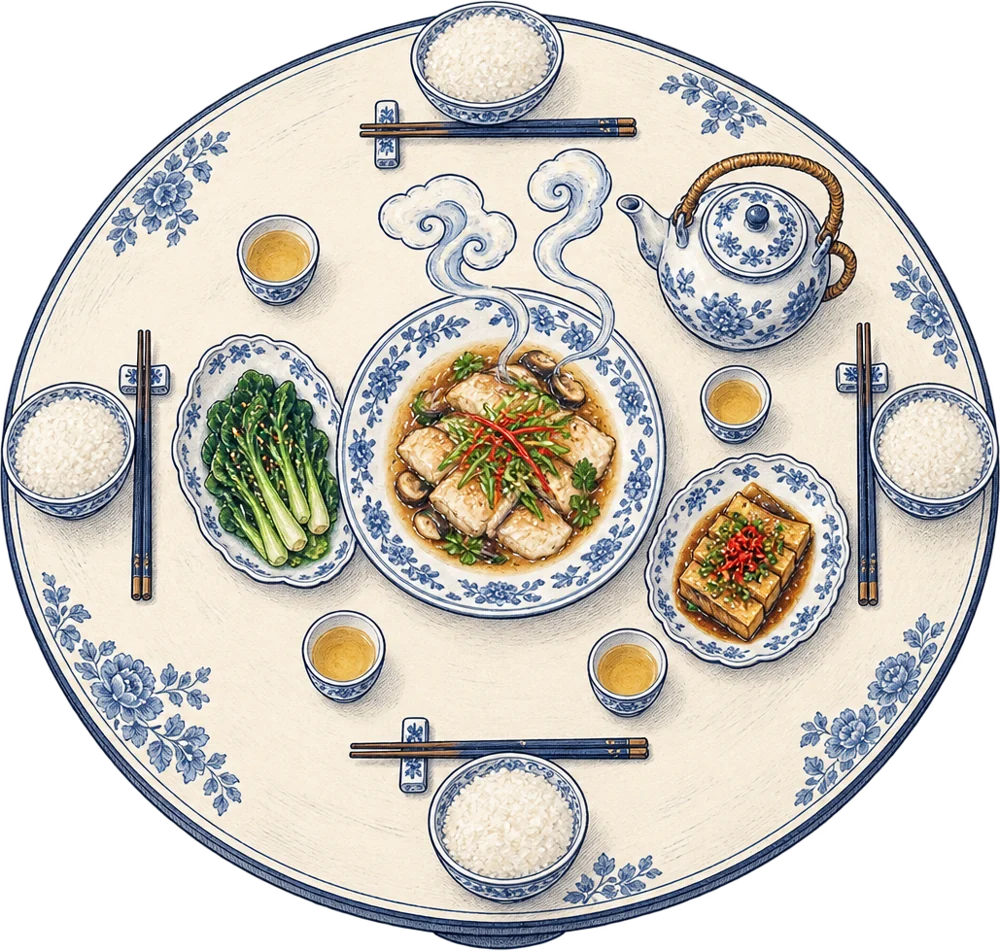 A drawn round table set for a shared meal, blue-and-white plates around a fish in chilli broth